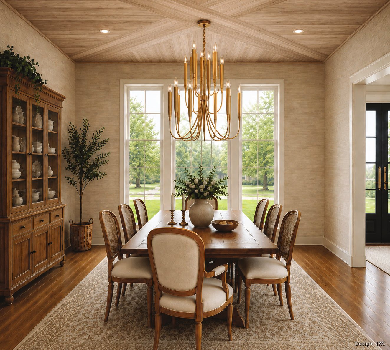 Rendering of the dining room with wood ceiling and chandelier