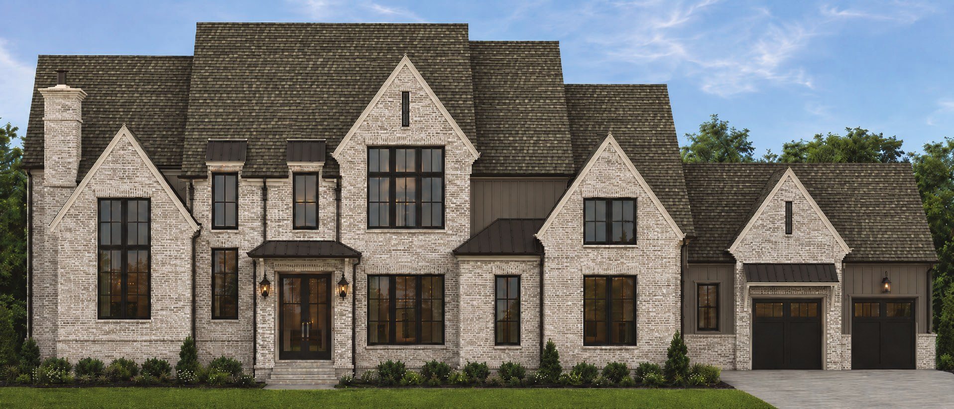 Rendering of the Crescendo front elevation: painted brick gables, dark bronze windows, and standing seam accents