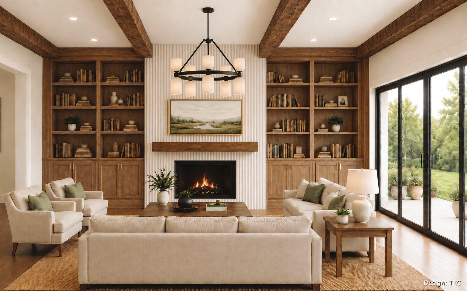 Rendering of the living room with built-ins and fireplace