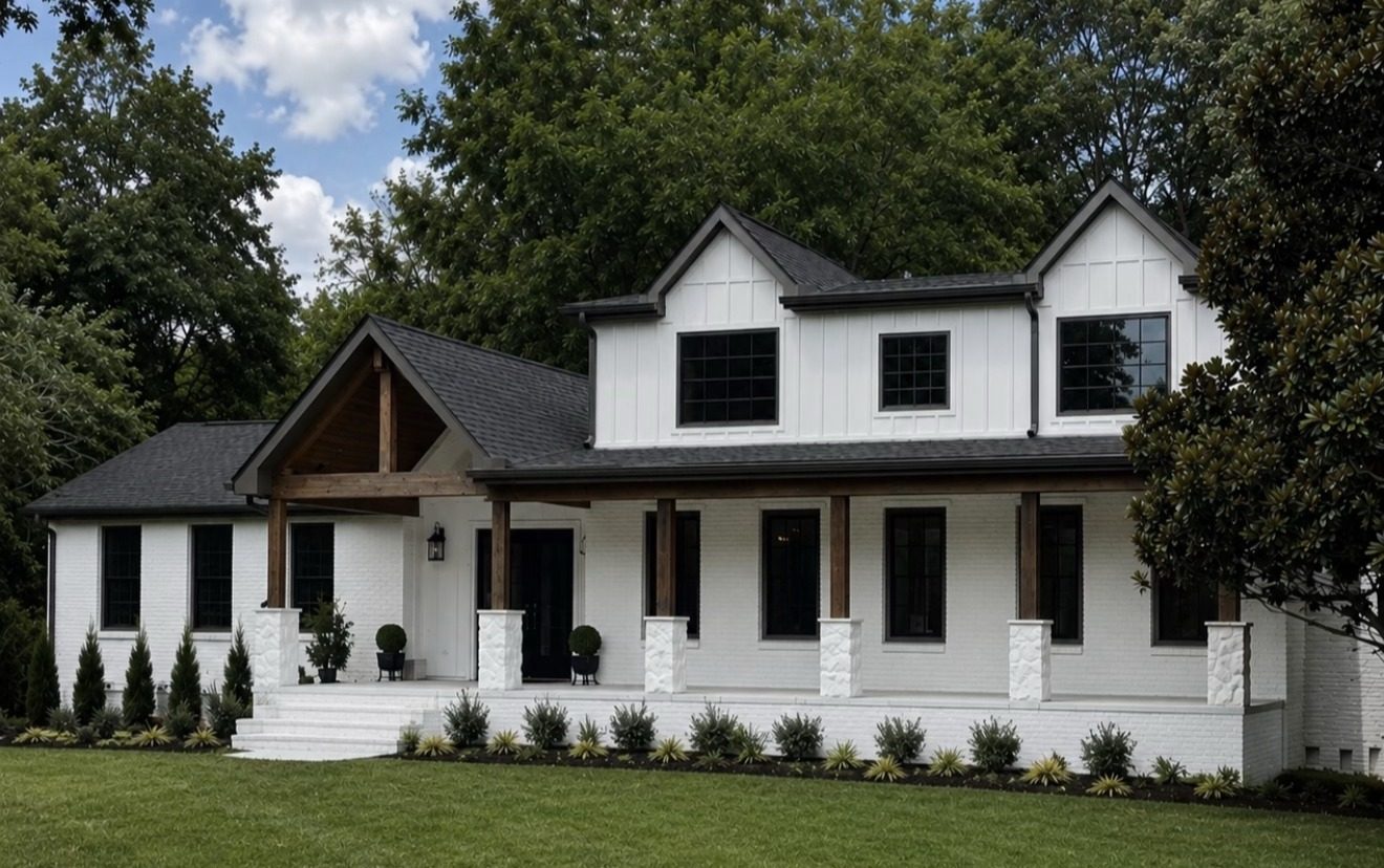 Front elevation with board and batten siding and timber porch gable