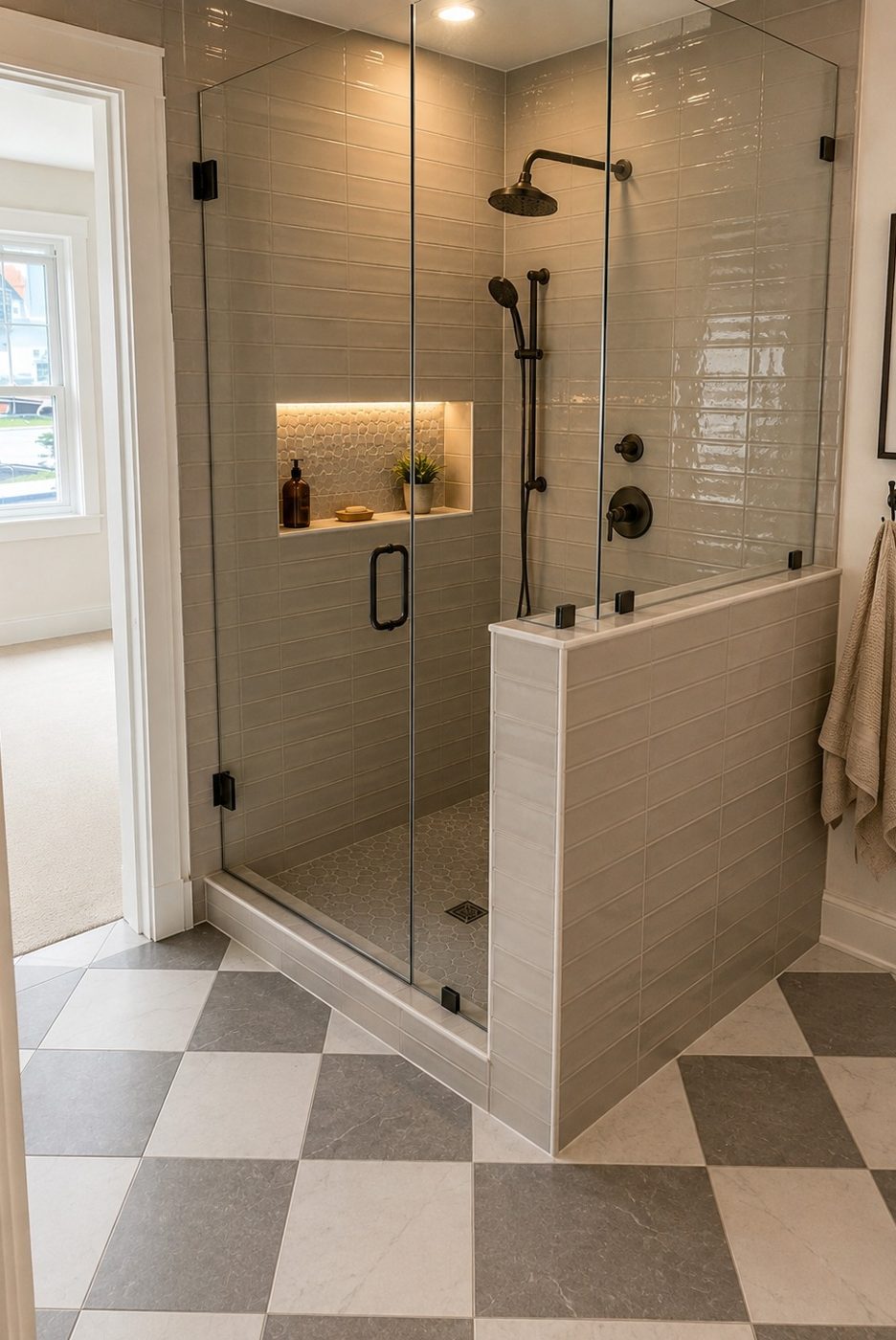 Guest bath with glass shower and checkerboard floor