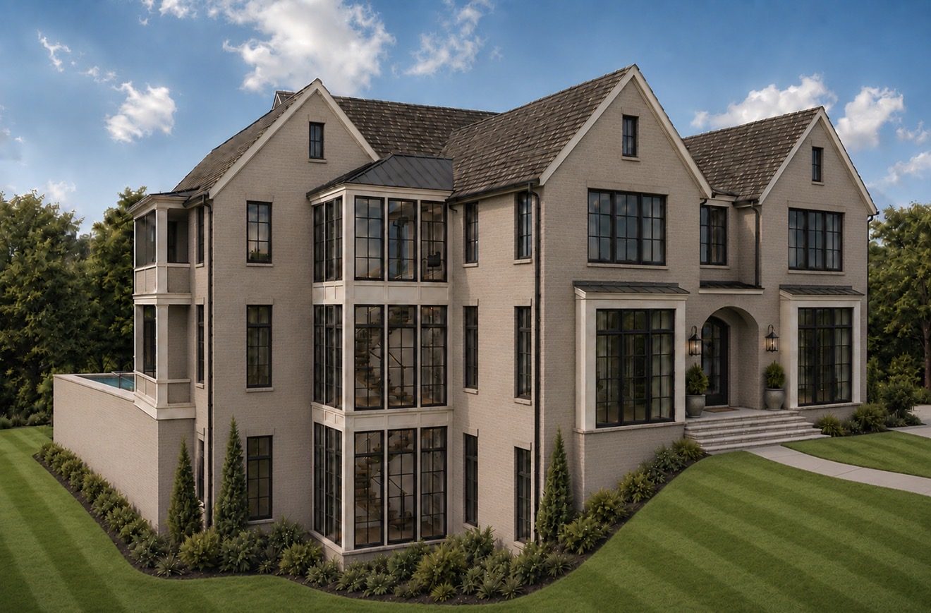 Rendering of the Rhapsody: brick facade, stacked stair-tower windows, and an arched entry
